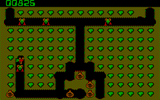 A top-down maze layout filled with a repeating pattern of green and yellow diagonal tiles forms the playing field. A black tunnel or passage runs vertically through the center of the screen. A brown character sprite appears in the lower-middle area near the tunnel entrance. The score display shows "00825" in green text at the top-left corner. The overall color palette consists of bright greens, yellows, browns, and black against a dark background, rendered in low-resolution pixel graphics typical of early 1980s arcade games.