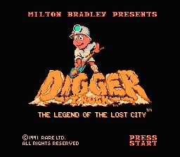 The title screen displays "MILTON BRADLEY PRESENTS" at the top in orange text. Below, a pixelated orange-and-white character wearing a helmet and holding a pickaxe stands in a dynamic action pose. The large golden-yellow title "DIGGER" dominates the center, with "THE LEGEND OF THE LOST CITY" in smaller text beneath. Copyright text appears in the lower left, while "PRESS START" instructions are positioned in red text at the lower right. The background is solid black, and all text and graphics use the characteristic 8-bit sprite style typical of NES titles from this era.