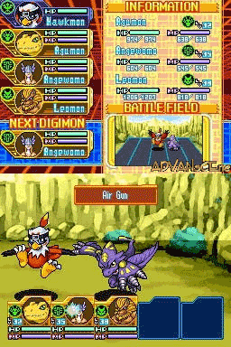 A battle interface displays two Digimon facing each other in a grassy field arena. The upper portion shows player team information with character portraits, health bars, and stats arranged in rows on the left and information panels on the right. A yellow banner labeled 'Air Gun' appears above the battlefield. Two Digimon sprites—one red and white on the left, one purple on the right—stand opposite each other on yellow-green terrain. The bottom screen shows three character portraits with health bars and two empty blue slots, representing the player's active party lineup. The visual style uses bright colors and low-resolution pixel sprites typical of Nintendo DS RPG gameplay.