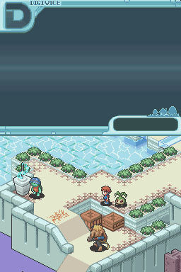 An isometric view of a town hub area populated with multiple characters, trees, and structures. The player character stands in the center of a sandy plaza surrounded by buildings and vegetation. A cyan-colored UI panel appears in the upper right corner. The art uses pixel sprites against a blue-gray sky backdrop. The interface shows typical DS-era 32-bit graphics with bright greens, browns, and earth tones composing the environment.