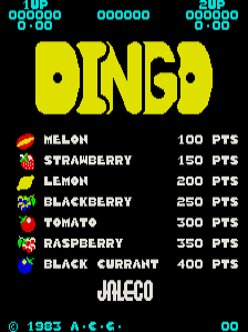The title screen displays a large yellow pixelated "DINGO" logo centered at the top in a thick, rounded font against a black background. Below the title, a vertical menu lists seven fruit items with their corresponding point values in white text: melon (100 pts), strawberry (150 pts), lemon (200 pts), blackberry (250 pts), tomato (300 pts), raspberry (350 pts), and black currant (400 pts). Each item is preceded by a small colored sprite icon. At the bottom left, cyan pixel text reads "© 1993 A.C.E.", and at the bottom right appears "JALECO". Decorative cyan pixel patterns resembling digital blocky shapes appear in the upper corners.