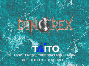 The title screen displays 'DINO REX' in large orange lettering across the center, with a white dinosaur skull icon replacing the 'O'. The background is a textured teal color with white marble-like cracking patterns. Below the title, the ITO logo appears in blue text. Copyright information reads '1992 TAITO CORPORATION JAPAN' and 'ALL RIGHTS RESERVED' in white text at the bottom.