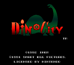 The DinoCity title screen features a red pixelated logo with a green dinosaur silhouette looming above it against a black background. Below the logo, white text reads copyright and publisher information for Irem and Sharp EGG Pictures. The art style uses bright primary colors and 16-bit era sprite aesthetics typical of early 1990s SNES games.