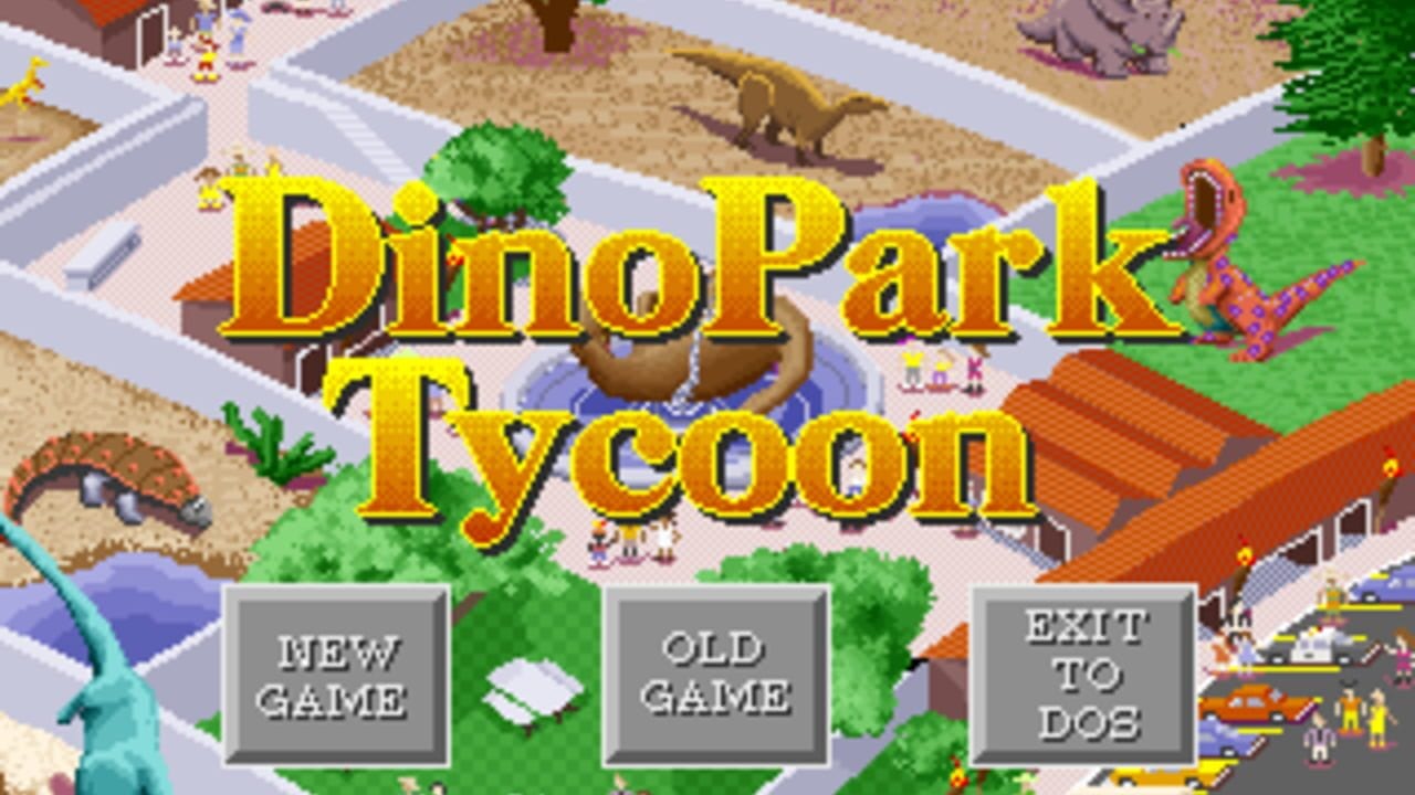 The title screen displays 'DinoPark Tycoon' in large gold lettering over an isometric view of a dinosaur theme park featuring sandy terrain, green trees, water features, building structures with brown roofs, and various dinosaurs scattered throughout. Three gray button options are centered below the title: 'NEW GAME', 'OLD GAME', and 'EXIT TO DOS'. The scene uses a 256-color DOS palette with a side-scrolling isometric perspective showing the park layout in the background.