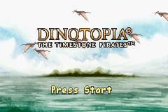 The title screen displays 'DINOTOPIA' in brown serif lettering at the top center, with 'THE TIMESTONE PIRATES' in smaller text beneath it. Below the title, two brown dinosaur silhouettes face outward from the center. The background shows a tropical landscape with a sandy beach in the foreground, turquoise water in the middle, and a cloudy sky rendered in soft blues and greens. A 'Press Start' prompt appears in white text at the bottom center of the screen.