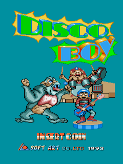 The title screen features large yellow and green pixelated letters spelling 'DISCO BOY' against a teal background. Below the title, a character in a light-colored outfit strikes a dancing pose while surrounded by other small pixelated figures and objects including what appears to be a robot, a person in red, and various props. At the bottom, white text reads 'INSERT COIN' with red text below stating 'SOFT ART CO.LTD 1993', indicating the developer and release year.