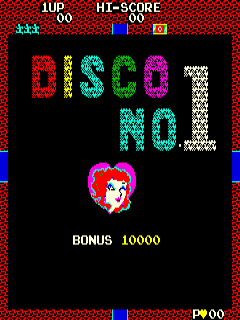 The title screen features large blocky pixel letters spelling "DISCO NO.1" in red, cyan, and magenta against a black background. Below the title sits a pink heart shape containing a red-haired pixelated character sprite. The word "BONUS" appears in white text with "10000" displayed in yellow to its right. The top of the screen shows "1UP" with score "000" on the left, "HI-SCORE" with "000" in the center, and additional numerical displays on the right. A red and blue checkered border frames the entire screen, typical of early 1980s arcade game aesthetics.