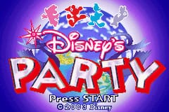 The title screen displays 'Disney's PARTY' in large colorful letters at center, with animated Disney characters including Mickey Mouse, Minnie Mouse, Donald Duck, and Goofy positioned around the text against a purple gradient background with sparkle effects. Below the logo, white text reads 'Press START' and 'to Begin' on a dark overlay. The art style uses bright primary colors typical of GBA sprite graphics with moderate pixelation.