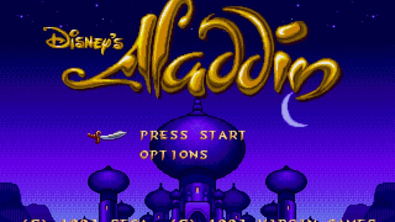A title screen for Disney's Aladdin displays golden ornamental text at the top against a deep blue starry background with a crescent moon. Below the title, a large dark blue genie lamp sits centrally with menu options in gold text reading "PRESS START" and "OPTIONS". A small golden sword icon appears to the left of the menu. The bottom of the screen shows silhouettes of palace towers with domed roofs in dark purple tones, creating a Middle Eastern architectural landscape. The overall color scheme uses purple, blue, and gold with pixel-art style graphics typical of early 1990s DOS games.