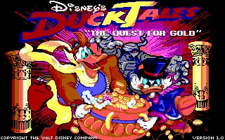 The title screen displays 'Disney's Duck Tales - The Quest for Gold' in large red and yellow letters at the top. Below the logo, three cartoon ducks in colorful clothing occupy the center-right area against a red background with decorative golden column elements on either side. A fourth character appears in the upper left. The art uses bright primary colors—reds, yellows, blues, and purples—with low-resolution sprites characteristic of early DOS-era graphics. Copyright text appears at the bottom of the screen.