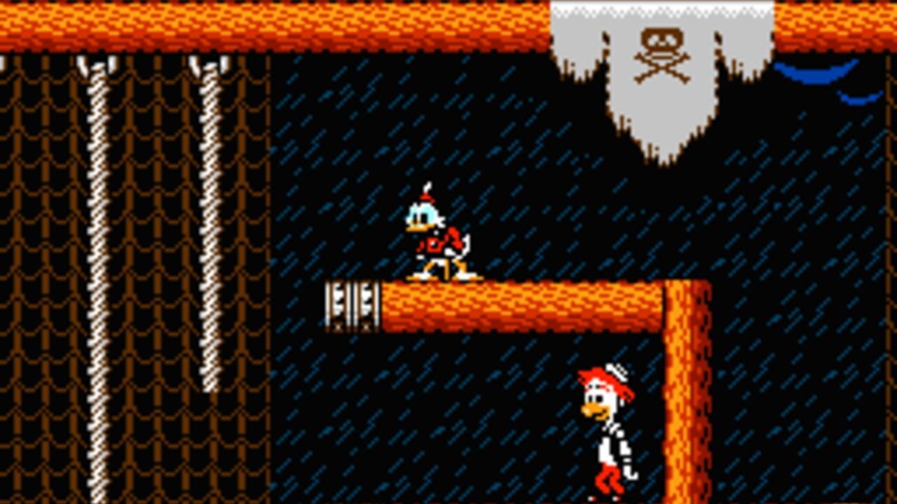 Two duck characters with red outfits stand on orange-brown wooden platforms against a dark blue diagonal-striped background. One duck stands on an upper platform while another is positioned lower on the right. Above them floats a gray banner with a skull and crossbones symbol in brown. The left side shows brown rope-textured columns. Orange fire or lava patterns border the wooden platforms. The color palette consists of warm oranges, reds, blacks, and cool blues typical of NES-era pixel graphics.