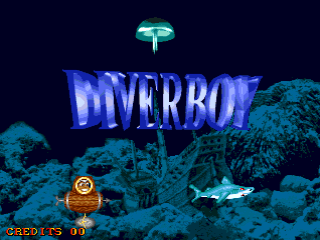 The title screen displays the word "DIVER BOY" in large blue glowing letters centered on a dark blue background. Above the text floats a small cyan-colored icon resembling a submarine or diving vessel. Below the title, a sandy ocean floor is rendered in brown and teal pixels with rocky formations on either side. A small yellow submarine or diving craft appears in the lower-left corner, while a white shark or fish swims near the right side. The lower-left corner shows "CREDITS: 90" in yellow text against the dark background.