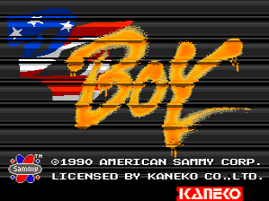 The DJ Boy title screen features large orange stylized text reading "BOY" dominating the center, with a blue and red striped American flag design visible behind it. Below the title, copyright information reads "©1990 AMERICAN SONNY CORP." and "LICENSED BY KANEKO CO.,LTD." Small Kaneko and Sonny Corp. logo sprites appear in the lower left corner. The background consists of dark horizontal scan lines typical of arcade hardware, creating a scanline effect across the entire display.