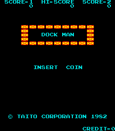 The title screen displays cyan text reading 'DOCK MAN' centered on a black background, flanked by two rows of yellow pixel sprites depicting dock crates. Above the title, three score counters labeled 'SCORE-1', 'HI-SCORE', and 'SCORE-2' appear in cyan at the top. Below the title, the text 'INSERT COIN' is shown in cyan. At the bottom, copyright information reads '© TAITO CORPORATION 1952' on the left and 'CREDIT' on the right in small cyan text. The entire screen uses a simple two-color palette of cyan and yellow against black, typical of early 1980s arcade graphics.