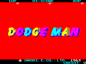 The title screen features a solid red background with the game title "DODGE MAN" rendered in large, colorful pixel letters using yellow, magenta, cyan, and orange hues. A score display panel appears at the top showing "1UP", "HI-SCORE", and "2UP" labels. At the bottom, white text reads "OMORI E.CO., LTD. 1983", crediting the developer and release year. The entire layout uses simple, bold geometric shapes and primary colors characteristic of early 1980s arcade graphics.