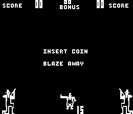 The title screen displays a black background with white text reading "INSERT COIN" and "BLAZE AWAY" centered on the screen. At the top, a score display panel shows "SCORE" and "BONUS" labels with pixel-style font. Three white stick-figure characters appear at the bottom of the screen—one on the left, one in the center, and one on the right—rendered in simple line-based sprite graphics typical of mid-1970s arcade games.