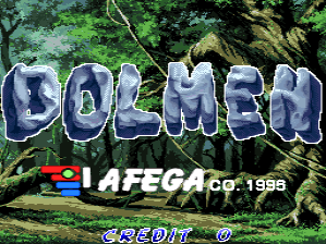 The title screen displays 'DOLMEN' in large blue-outlined letters against a backdrop of dense green foliage and tree trunks. Below the title sits the Afega logo in orange and blue, with 'Afega Co. 1995' printed underneath. At the bottom, cyan text reads 'CREDIT 0', indicating the arcade credit counter. The visual uses a 16-bit sprite style with detailed forest scenery rendered in greens and browns, creating a jungle environment aesthetic.