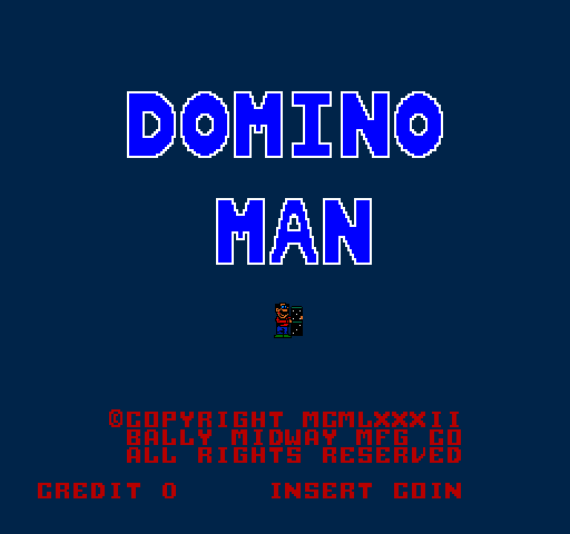 The title screen displays 'DOMINO MAN' in large blue pixelated letters with white outlines against a dark blue background. Below the title sits a small red and brown sprite of a character centered on screen. At the bottom, red text reads copyright information for Bally Midway and all rights reserved, with 'CREDIT 0' on the left and 'INSERT COIN' on the right in red blocky characters.