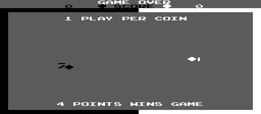 The title screen displays 'GAME OVER' at the top in white text against a dark gray background. Below that, centered text reads '1 PLAY PER COIN'. In the middle of the screen, a small black domino tile graphic appears on the left side, with a white directional arrow symbol on the right. At the bottom, white text states '4 POINTS WINS GAME'. The overall interface uses a minimal, early arcade aesthetic with monochrome text and simple geometric shapes.