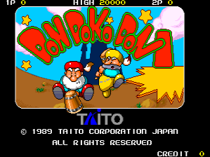 The title screen features large red "DONKO DON" text centered against a bright cyan sky background. Below the title, two pixel-art characters sit on brown ground: a rotund figure in red on the left and a blue character on the right, both rendered in 8-bit sprite style. Yellow explosive shapes burst from the right side. A score display shows "HIGH 20000" and "2P 0" at the top, with "1P 0" on the left. Copyright and credit text appears at the bottom: "© 1989 TAITO CORPORATION JAPAN ALL RIGHTS RESERVED" and "CREDIT" in white typeface.