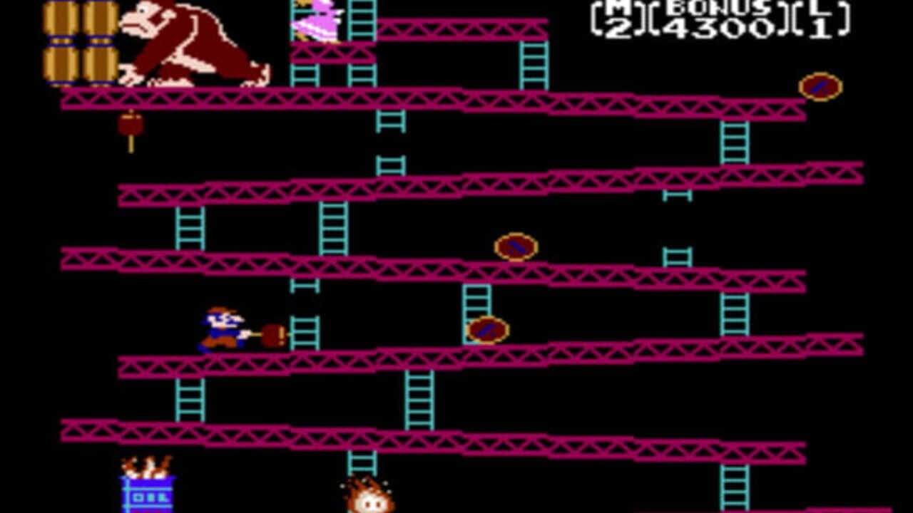 A multi-level platform stage displays five horizontal magenta girders connected by cyan ladders against a black background. A large dark red gorilla climbs on the top-left girder near stacked barrels. A blue-and-red player character with a spray can stands on the fourth level from top. Three circular targets with magenta and yellow coloring sit on various middle platforms. A small red enemy sprite appears at bottom-center. The top-right corner shows "MT BONUS [2][4300][1]" in white text. A score panel spans the bottom-left in blue pixels.