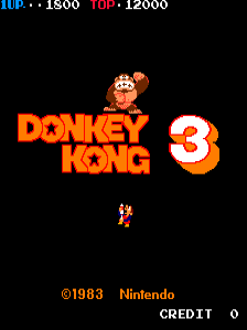 The title screen displays "DONKEY KONG 3" in large orange pixelated text centered on a black background, with a brown monkey sprite positioned above the logo. A small player character sprite appears below the title. Score displays reading "100" and "1500" for left and right players appear at the top in blue and red text respectively. Copyright information "©1983 Nintendo" and "CREDIT 0" are printed in orange at the bottom of the screen.