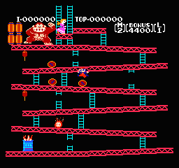 A multi-level red girder stage displays a blue character at the bottom right, climbing toward a blue castle tower at the top. Red platforms with white support beams span horizontally across five visible levels. Orange barrels and fireballs appear mid-stage in red pixelated form. A score display reads "TOP 00000" and shows point values at the top in white text. Black background fills the space between platforms. The entire scene is rendered in low-resolution NES-era pixel art with a limited color palette of red, blue, orange, white, and black.
