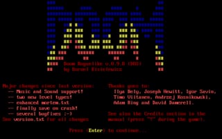 A pixelated DOS-era title screen displays a symmetrical yellow and red building structure centered against a dark blue background with vertical scan lines. Red text listings appear below, including player names and gameplay options spread across two columns. The sprite-based graphics use a limited color palette typical of early 1990s PC gaming, with blocky pixel art forming the architectural shapes.