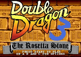 The title screen displays 'Double Dragon 3' in large yellow and orange gradient letters at the top, with a subtitle 'The Rosetta Stone' in ornate black serif text below. A decorative stone banner frame surrounds the subtitle. The background features a golden brick or tile pattern with repetitive rectangular elements. White text at the bottom reads 'PRESS START TO PLAY' and 'PRESS 'B' FOR SOUND', indicating arcade-style controls typical of early 1990s Sega Genesis ports.