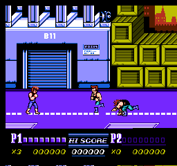 A side-scrolling beat-em-up level displays three pixel-art characters on a purple platform in front of a blue storefront with a metal shutter door and yellow/green stacked crates to the right. The HUD at the bottom shows white text reading "M" followed by a score display, "BI SCORE" with numerical readouts, and "XO" on the right. The color palette consists of bright blues, purples, yellows, and greens typical of 8-bit NES graphics.