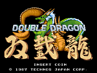 The title screen displays the Double Dragon logo in white pixel lettering centered on the screen. Above it sits an illustration of two stylized dragons—one orange and one green—intertwined around the text. Below the logo appears large golden Chinese characters. At the bottom, white text reads "INSERT COIN" with a copyright notice stating "© 1987 TECHNOS JAPAN CORP." against a black background. The art style features pixel-based sprite graphics typical of 1980s arcade aesthetics.