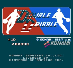The title screen displays a large red and blue logo with white silhouettes of two basketball players in shooting poses flanking the text "DOUBLE DRIBBLE" in stylized lettering. Below, white text reads "1P versus" with the Konami copyright mark and year 1987. At the bottom, developer information states "KONAMI INDUSTRY CO., LTD." and "NINTENDO OF AMERICA INC." The background is a dark teal color. All text and graphics use pixelated NES-era sprite aesthetics with a limited color palette.