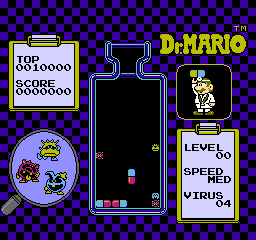 A composite layout displays Dr. Mario gameplay elements on a checkered purple background. The upper left shows a score display reading "108 0000000 SCORE 5600300" in pixelated text. The center features a vertical game board with colored blocks (red, yellow, blue, cyan) arranged in columns against a black background. The upper right corner displays the yellow Dr. Mario character sprite beside text reading "LEVEL 00" and "SPEED 00" and "VIRUS 04." The lower left shows a circular icon containing three small virus sprites in red, yellow, and blue. All graphics use NES-era 8-bit sprite resolution and a limited color palette typical of early 1990s gaming.