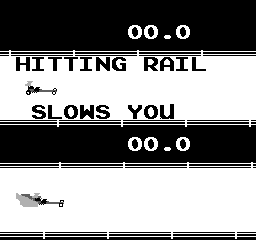 The title screen displays two horizontal sections separated by black bars. The top section shows "00.0" in large white text at the top, followed by "HITTING RAIL" in blocky white letters, a small pixelated drag racing car sprite on the left, and "SLOWS YOU" text below. The bottom section mirrors this layout with "00.0" at the bottom and another small car sprite on the left side. All text uses a monospaced arcade font against the black background, with horizontal line elements framing the composition.