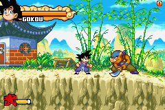 A sprite-based platformer scene shows a character in orange martial arts gi positioned left-center on a dirt platform, facing right toward an enemy character. A green bamboo forest with layered parallax scrolling fills the background beneath a bright blue sky with distant mountains. A health bar labeled "60/80" appears in the upper left corner, with the character's name displayed above it. The foreground platform has a tan dirt texture, and the overall color palette emphasizes greens, blues, and earth tones typical of Game Boy Advance graphics.