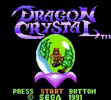 The title screen displays 'Dragon Crystal' in large purple and blue gradient lettering at the top, with a registered trademark symbol. Below the title sits a glowing green crystal orb surrounded by purple mystical effects against a black background. At the bottom, white text reads 'PRESS START BUTTON' and '© SEGA 1991' in a simple bitmap font. The overall color palette consists of purple, green, and white against black, characteristic of early Game Gear graphics.