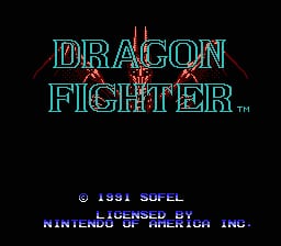 The title screen displays 'DRAGON FIGHTER' in large cyan outlined letters with a red dragon silhouette positioned above the text against a black background. Below the title, white text reads '© 1991 SUFEL' and 'LICENSED BY NINTENDO INC.' in blue. The lettering uses a pixelated 8-bit style typical of NES graphics, with a neon-like color treatment creating a cyan glow effect around the title text.