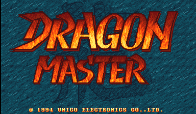 The title screen displays "DRAGON MASTER" in large red-orange italic lettering against a textured blue-teal background with diagonal line patterns. Below the title, copyright text reads "© 1994 UNICO ELECTRONICS CO., LTD." in small yellow characters. The logo uses a bold, three-dimensional style with orange-red coloring that stands out prominently against the darker background.
