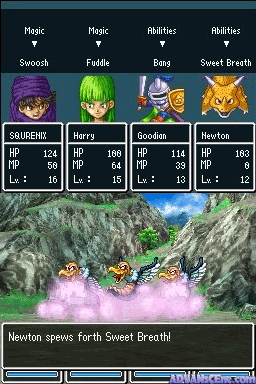 A battle screen displays four party members at the top: Smoosh, Fiddle, Bang, and Sweet Breath, each with their magic and abilities listed. Below them stand four enemy creatures—Gauberk, Herry, Goodwin, and Hexton—with HP and level stats visible. The lower half shows a mountainous outdoor battle arena with rocky peaks and a pink-purple fog or energy effect in the center ground. A text box at the bottom reads 'Hexton spews forth Sweet Breath!' indicating an active enemy attack. The UI uses a green-bordered party status panel and blue action menu bar at the screen's bottom edge.