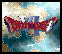 The Dragon Quest VI title logo dominates the center in large red and yellow lettering with a blue shield emblem above it. Behind the text, a cloudy sky transitions from tan and white at the top to blue, with mountainous terrain visible below in muted greens and browns. The art style shows the characteristic SNES-era sprite and background rendering with soft cloud imagery and layered atmospheric depth across the screen.