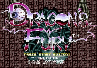 The title screen displays "DRAGON'S FURY" in large purple and green lettering with ornate styling against a dark brown brick-pattern background. Below the title sits a stylized dragon illustration in green and purple tones. At the bottom, white text reads "PRESS START BUTTON TO START GAME" followed by "(C) 1992 TECNOSOFT" and "SEGA GENESIS". The overall color palette uses purple, green, and brown against dark backgrounds with a typical early-90s Genesis-era pixel art aesthetic.