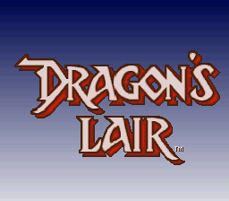 The title screen displays "Dragon's Lair" in large orange and brown serif lettering with a shadow effect against a solid blue gradient background. The logo features decorative flourishes, including a curved tail on the R and an ornamental design element beneath the text. The art style uses a warm color palette typical of early 1990s DOS games, with the title centered on the screen.