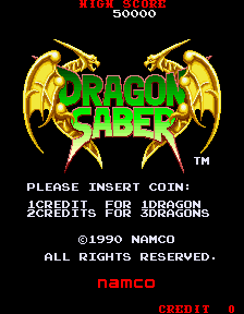 The Dragon Saber title screen displays the green pixelated logo centered on a black background, flanked by two yellow dragon sprites with outstretched wings. Red text reading "HIGH SCORE" and a score of 50000 appears at the top. White text instructs players to insert coins and lists credits for programmers and designers. The Namco and arcade credit text are positioned at the bottom in red and white respectively. The 1990 copyright notice is centered near the bottom in white text.