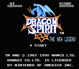 The title screen displays the Dragon Spirit logo in large orange and blue letters at center, featuring a stylized blue dragon with wings spread. Above the logo reads "THE NEW LEGEND" in white text. A "START" prompt appears below in white. The upper left shows "HI 000000" and upper right displays "SCORE 000000" in arcade-style fonts. At the bottom, white text reads "TM AND © 1987 1990 NAMCO LTD. BANDAI CO.LTD. IS LICENSED BY NINTENDO OF AMERICA INC." The black background is typical of NES title screens, with 8-bit sprite and font rendering throughout.