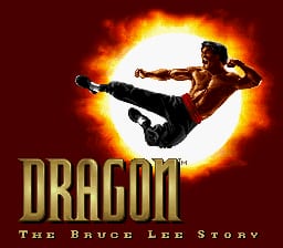 A martial artist in red and black clothing performs a high kick against a glowing orange and yellow explosion effect on a dark red background. The gold text 'DRAGON' appears below the figure, with 'The Bruce Lee Story' in smaller white lettering underneath. The sprite is rendered in typical SNES-era pixel graphics with a dynamic action pose as the central element of this title screen composition.