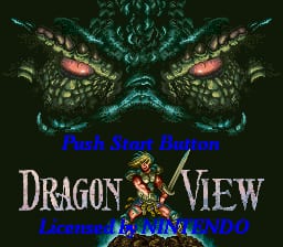 A symmetrical teal and magenta dragon face with scaled texture dominates the upper half, its glowing eyes staring downward. Below, white serif text reads "DRAGON VIEW" with cyan text underneath stating "Licensed by Nintendo." At the bottom left corner, blue text identifies "SNES Prod. Bayonet" in small pixelated font. The background is dark with subtle texture, typical of 16-bit game title screen design.
