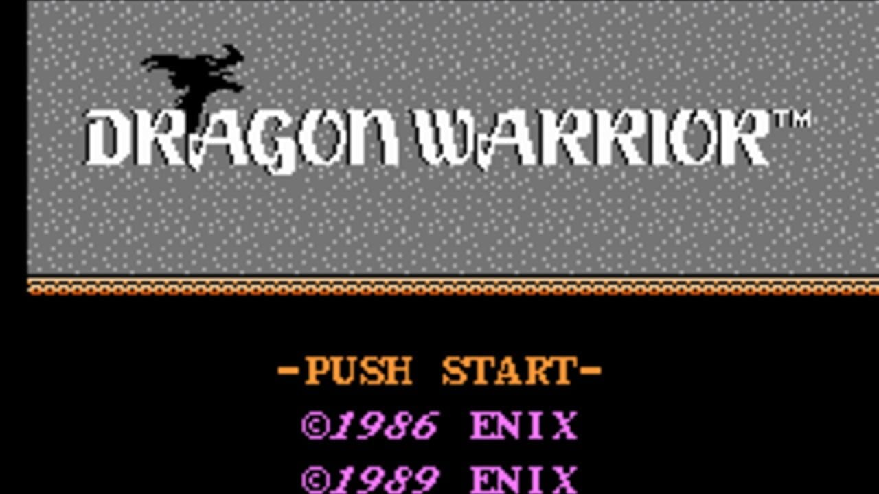 The title screen displays "DRAGON WARRIOR" in white capital letters centered above a black silhouette of a dragon in flight against a gray dotted background. Below a decorative gold chain-link border, orange text reads "-PUSH START-" with purple copyright text showing "©1986 ENIX" and "©1989 ENIX" beneath it. The overall composition uses a simple two-color palette typical of 8-bit Nintendo Entertainment System graphics.