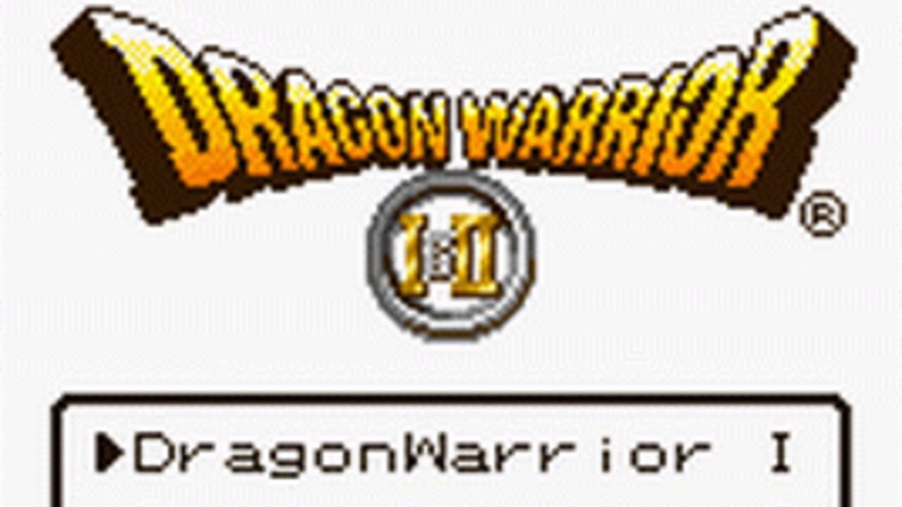 The Dragon Warrior I & II logo displays prominently in yellow and brown pixelated text at the top, with a circular emblem below containing a Roman numeral I. A horizontal black-bordered menu bar sits at the bottom of the screen showing partial text that begins with a play symbol and reads 'DragonWarrior I'. The background is white with a light texture, and a registered trademark symbol appears in the upper right corner.