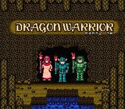 The Dragon Warrior II title screen displays the gold-colored logo at the top center against a brown woven textile pattern background. Below the title, three 8-bit sprite characters stand in a row—a female character in pink on the left, a male character in teal in the center, and another male character in green on the right. A blue rectangular interface element appears at the bottom of the screen, likely containing menu options. The overall color palette consists of browns, golds, blues, and the bright primary colors of the character sprites.