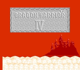 The title screen displays "Dragon Warrior IV" in a gray stone-textured banner centered at the top against a bright red background. Below the title, a silhouetted castle with multiple towers in dark red sits on a wavy cream-colored landscape that fills the lower half of the screen. The overall composition uses a limited NES-era color palette with sharp pixel art details.